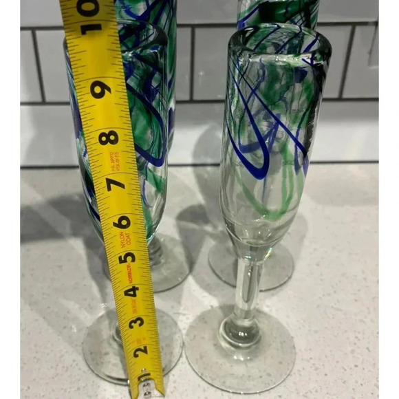 Vintage Set of 4 Handblown Turquoise Waves Champagne Flutes Glass Clear Sz 10x2 - Picture 2 of 9